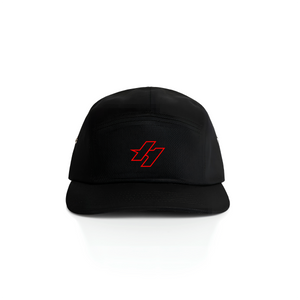 Black cap with a red embroidered hierarchy logo in center on white background